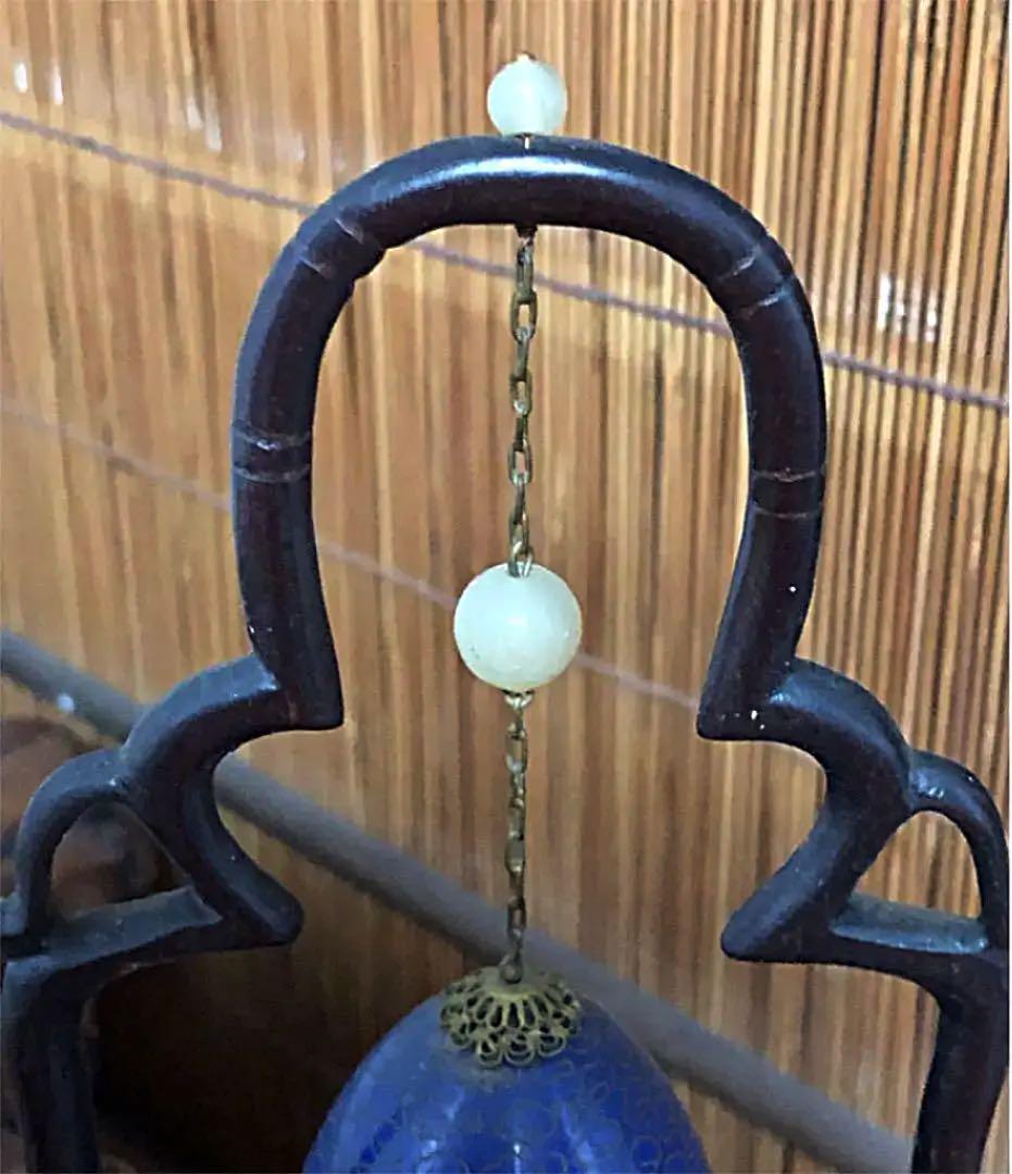 中国美術 花梅雲紋 吊り 古七宝 エッグ 唐木台 装飾