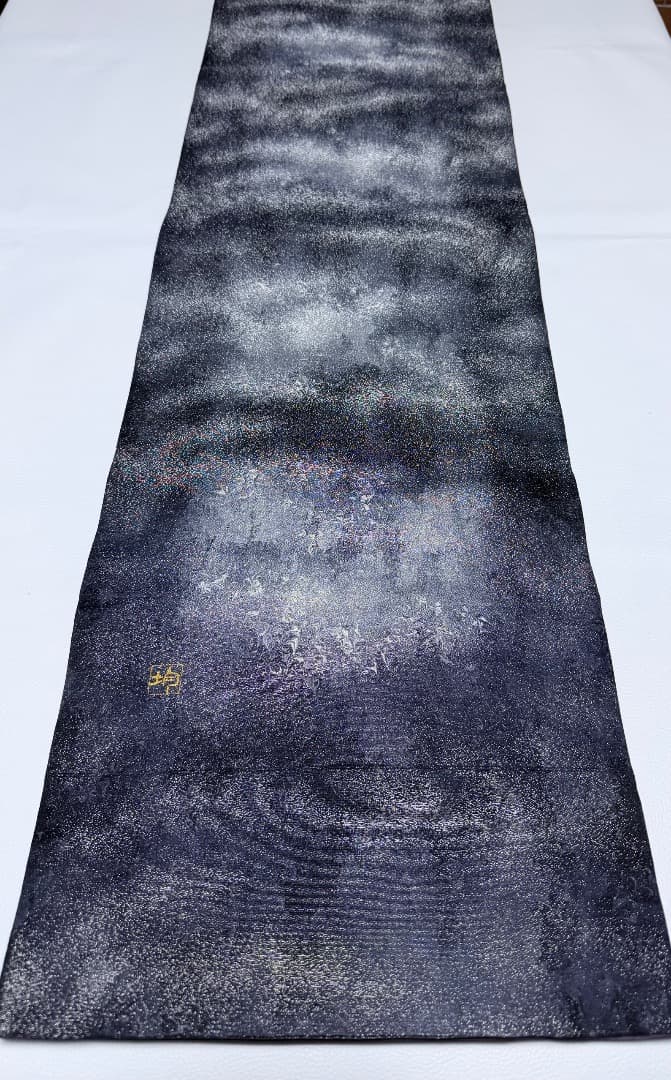 高級 袋帯 正絹 六通柄 墨流し 落款入り ブルー ブラック フォーマル 訪問着