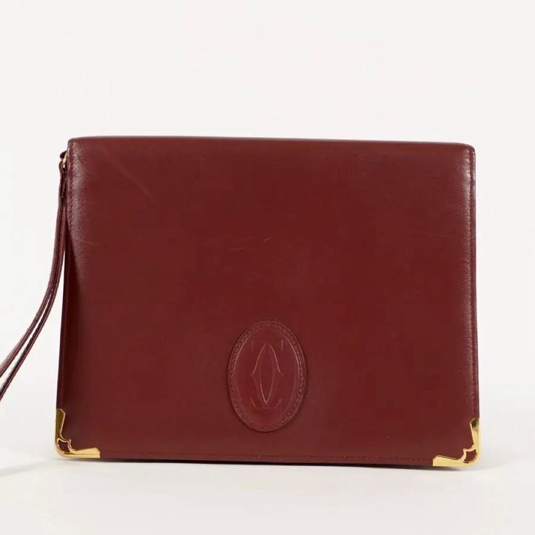 【美品✨】カルティエ　マストライン　クラッチバッグ　ロゴ型押し　ボルドー　レザー