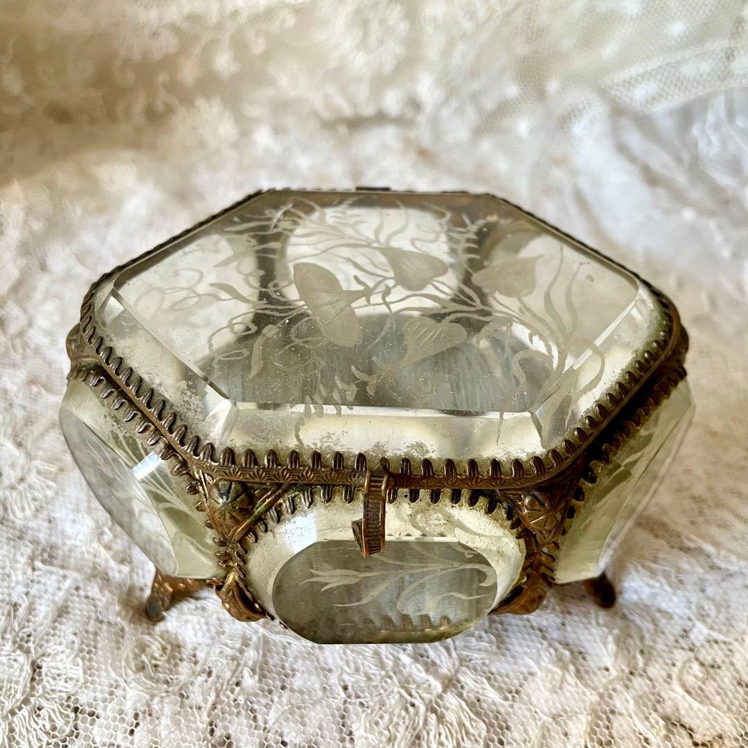 6角形ベベルガラスジュエリーボックス　アクセサリーケース　フランスアンティーク