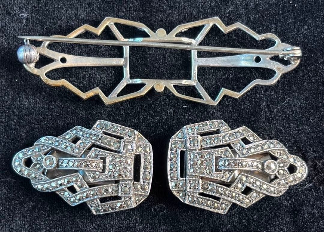 【英国】S925純銀製マーカサイト・アンティーク・ダブルクリップ・ブローチ