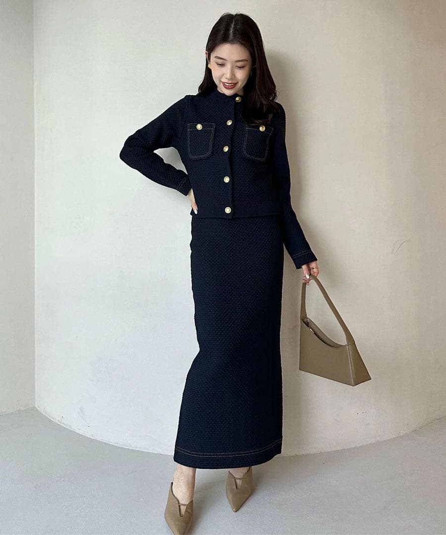 美品 anuans アニュアンス ノーカラーニットジャケット ネイビー S