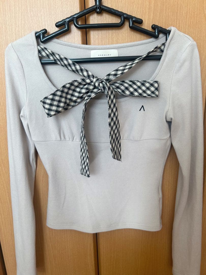 トップス andmary Ami ribbon check tops beige