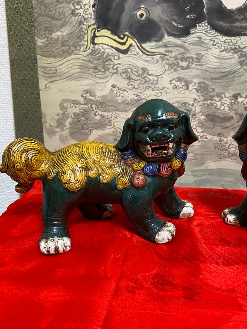 清朝　時代　獅子像 セット 多色 陶器製