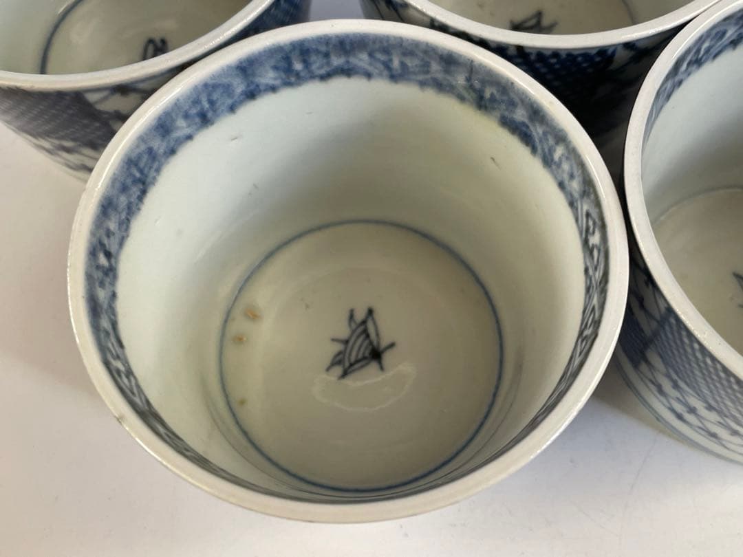 骨董　アンティーク　古伊万里　染付　石畳文様　網目　市松模様　蕎麦猪口　5客