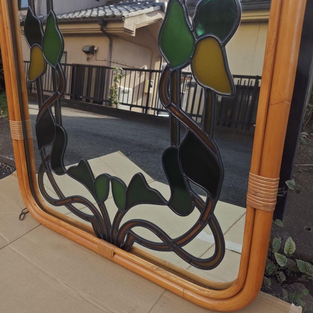 レトロ アールヌーボー様式 ステンドグラス 大型壁掛け鏡 ミラーH96.5㌢