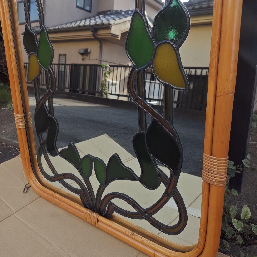 レトロ アールヌーボー様式 ステンドグラス 大型壁掛け鏡 ミラーH96.5㌢