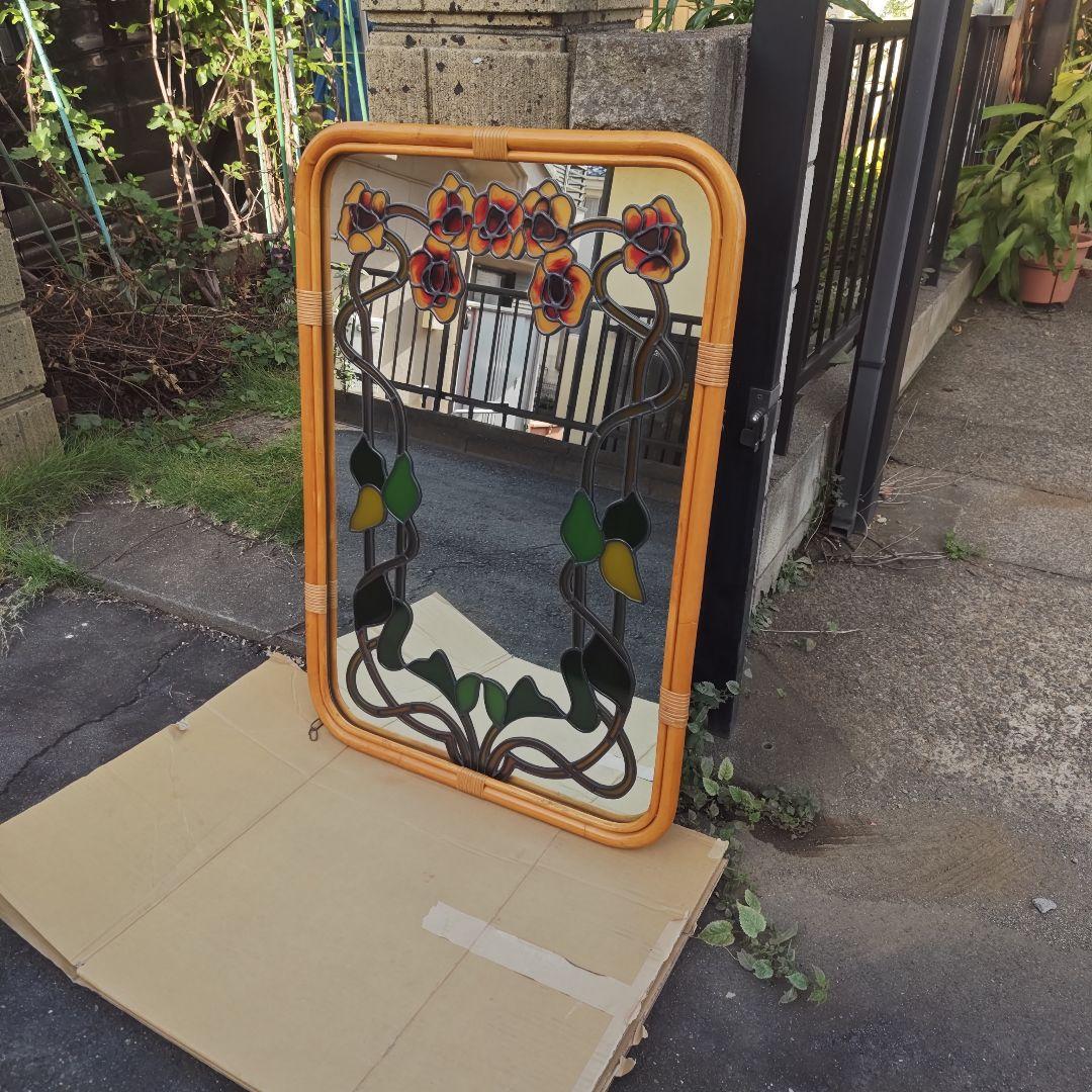 レトロ アールヌーボー様式 ステンドグラス 大型壁掛け鏡 ミラーH96.5㌢