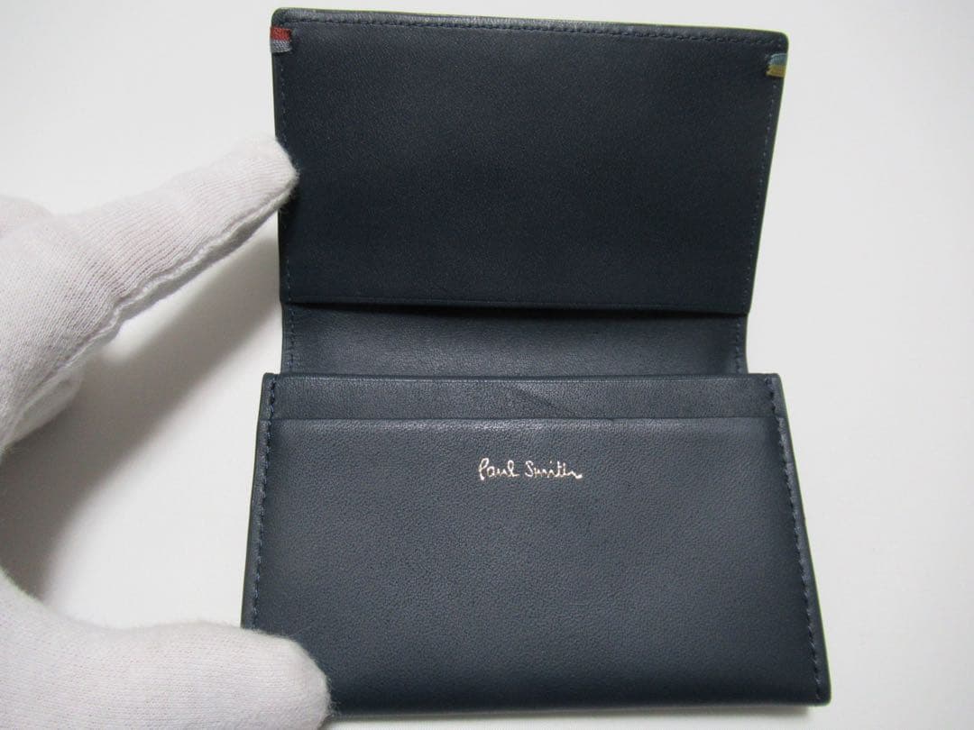 ポールスミス 新品！ハイライトステッチ牛革×床革名刺入れ カードケース 濃緑青