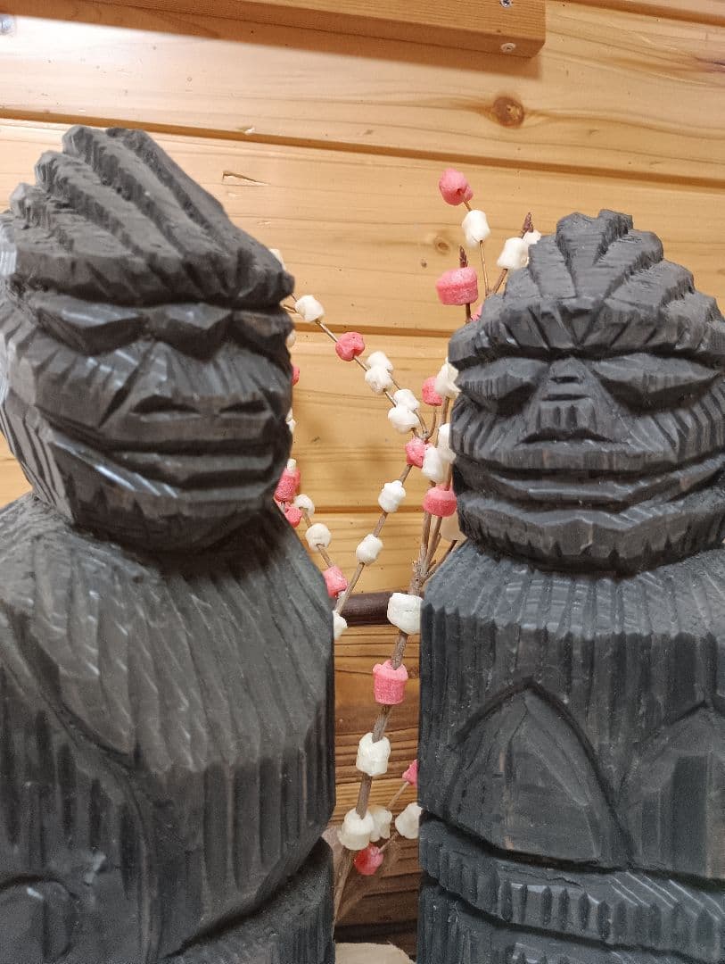 手彫り黒木彫刻 2体セット 約30cm円空仏狛犬、模刻