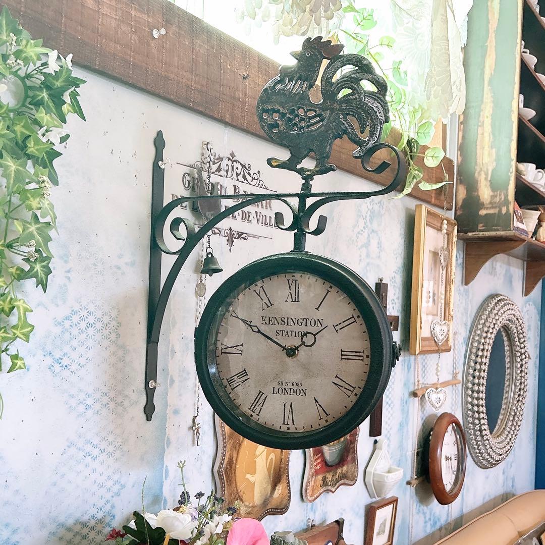 おしゃれな壁掛け時計 アンティーク 風見鶏top 両面時計 艶無しブラック