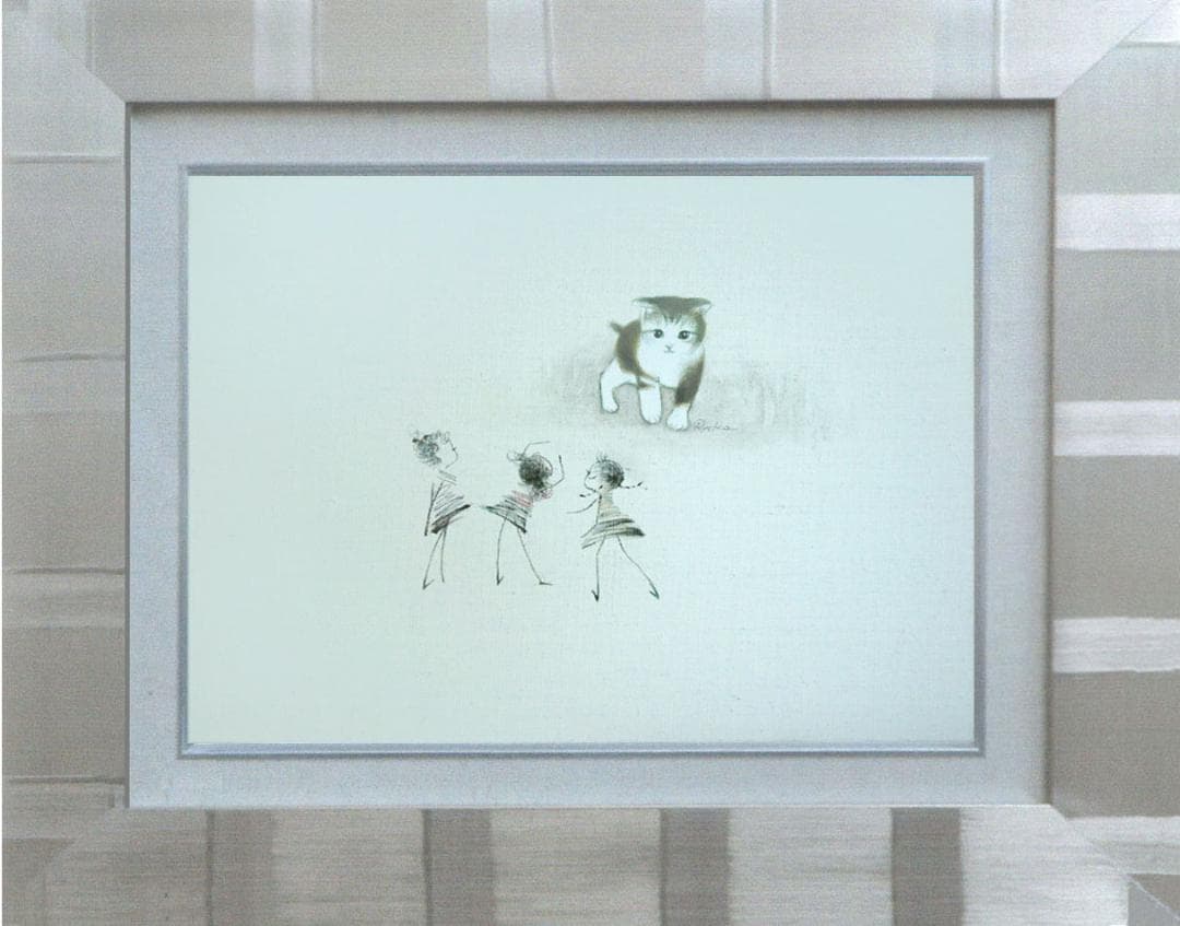 油絵 菅家令子 絵 絵画インテリア額付(青緑＋金色の枠)F4-090218猫女子