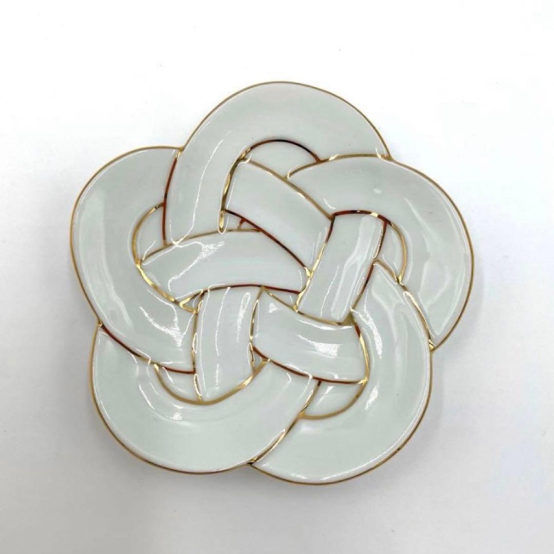 【新品】有田焼田清窯　太白金線梅結び小皿　縁起物