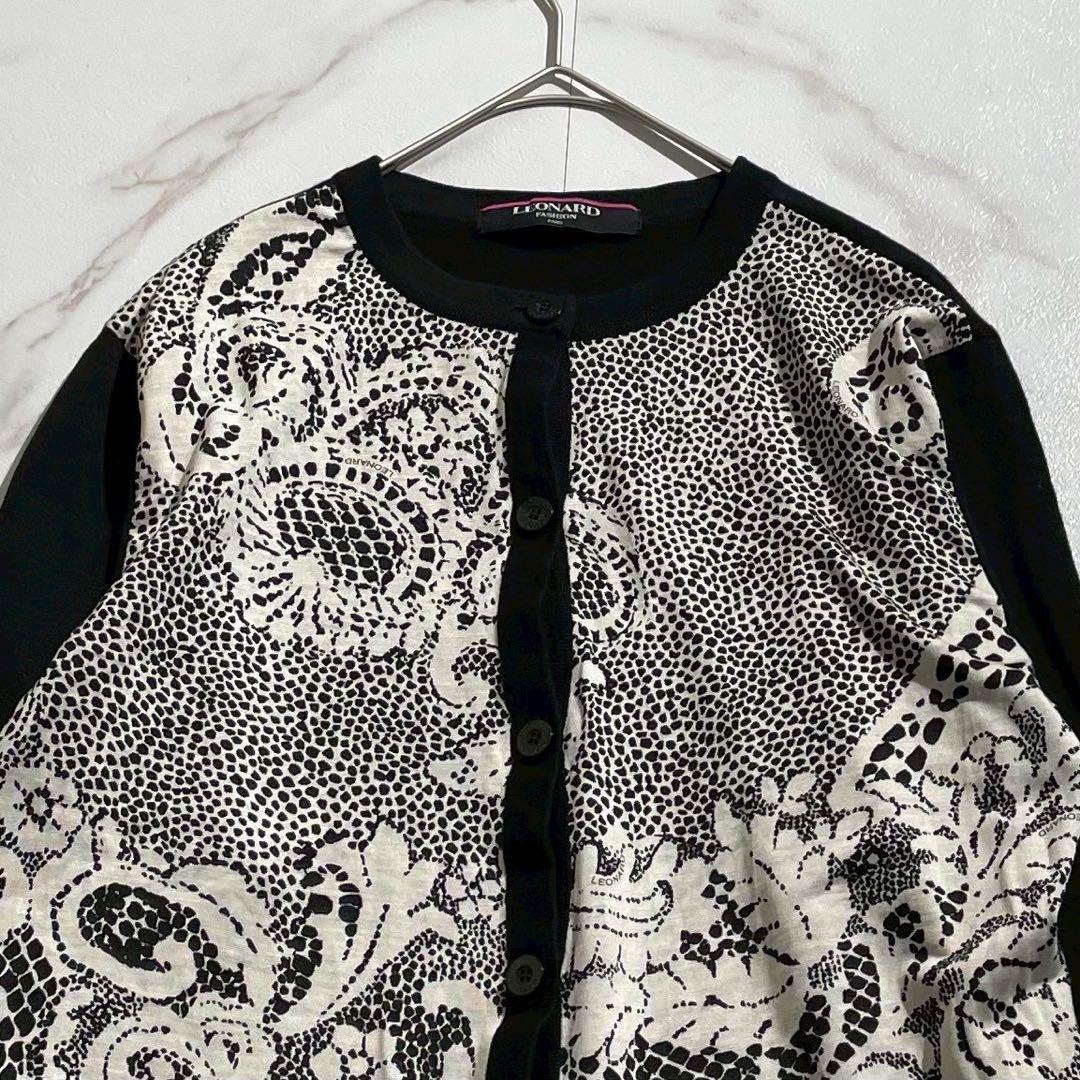 極美品✨LEONARD レオナール カーディガン レース柄 シルク混 M 黒
