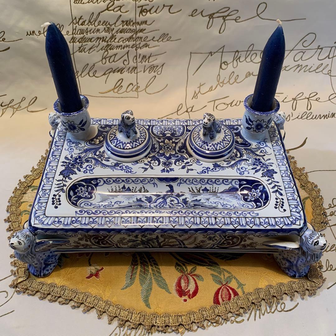 フランス製　破格！ビンテージのルーアン窯のローソク立て付きインク壺プレート！