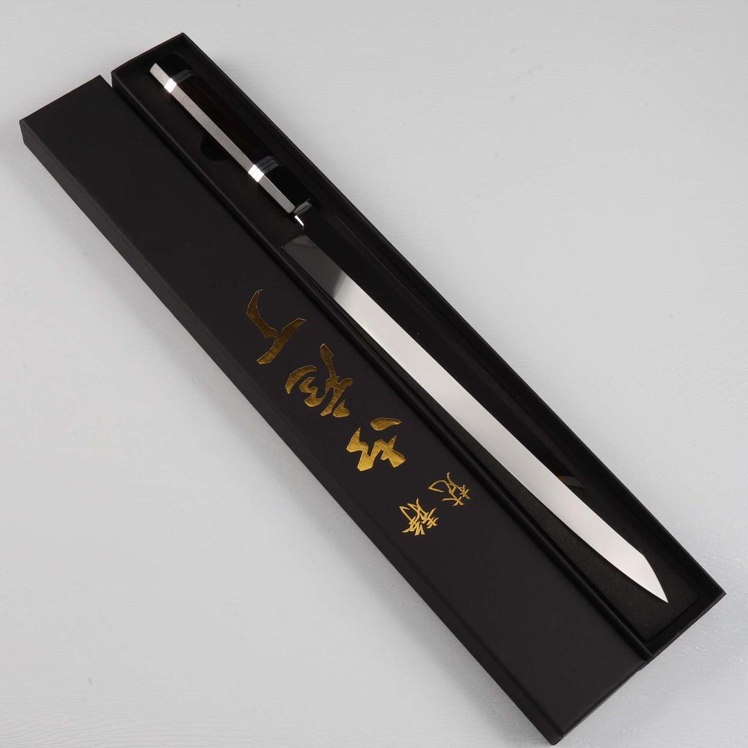 7284柳刃包丁 尺一 ウルトラ鏡面仕上げ 刺身包丁 黒檀黒水牛角五本銀巻八角柄