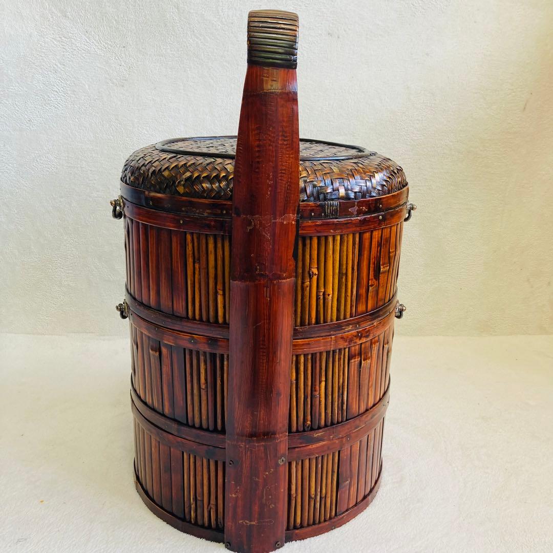 竹編み籠☆特大★茶籠☆煎茶 飾り 堤藍 三段籠 中国 農具　 　自然竹バスケット