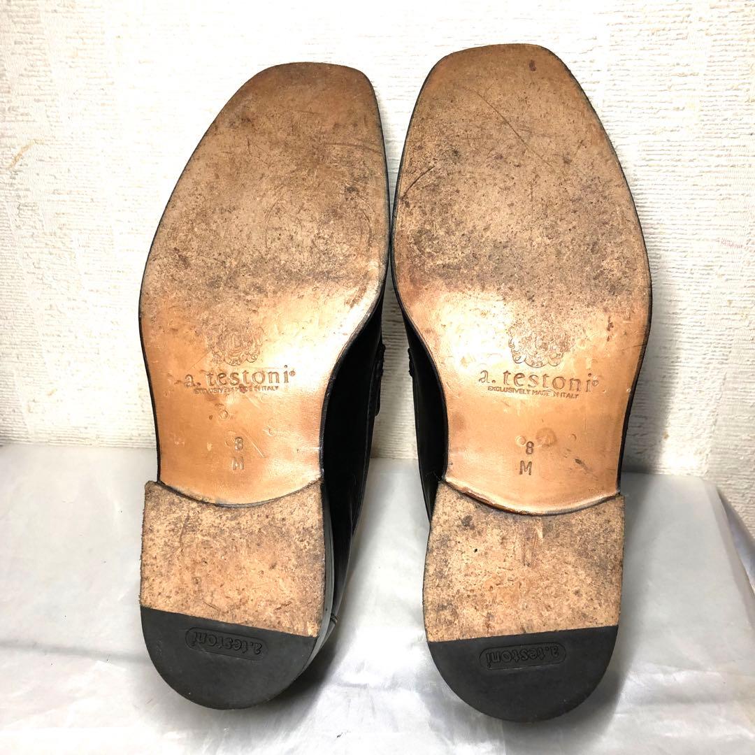 ほぼ新品 Italy製 size8 a testoni 本革ビットモカシン 黒
