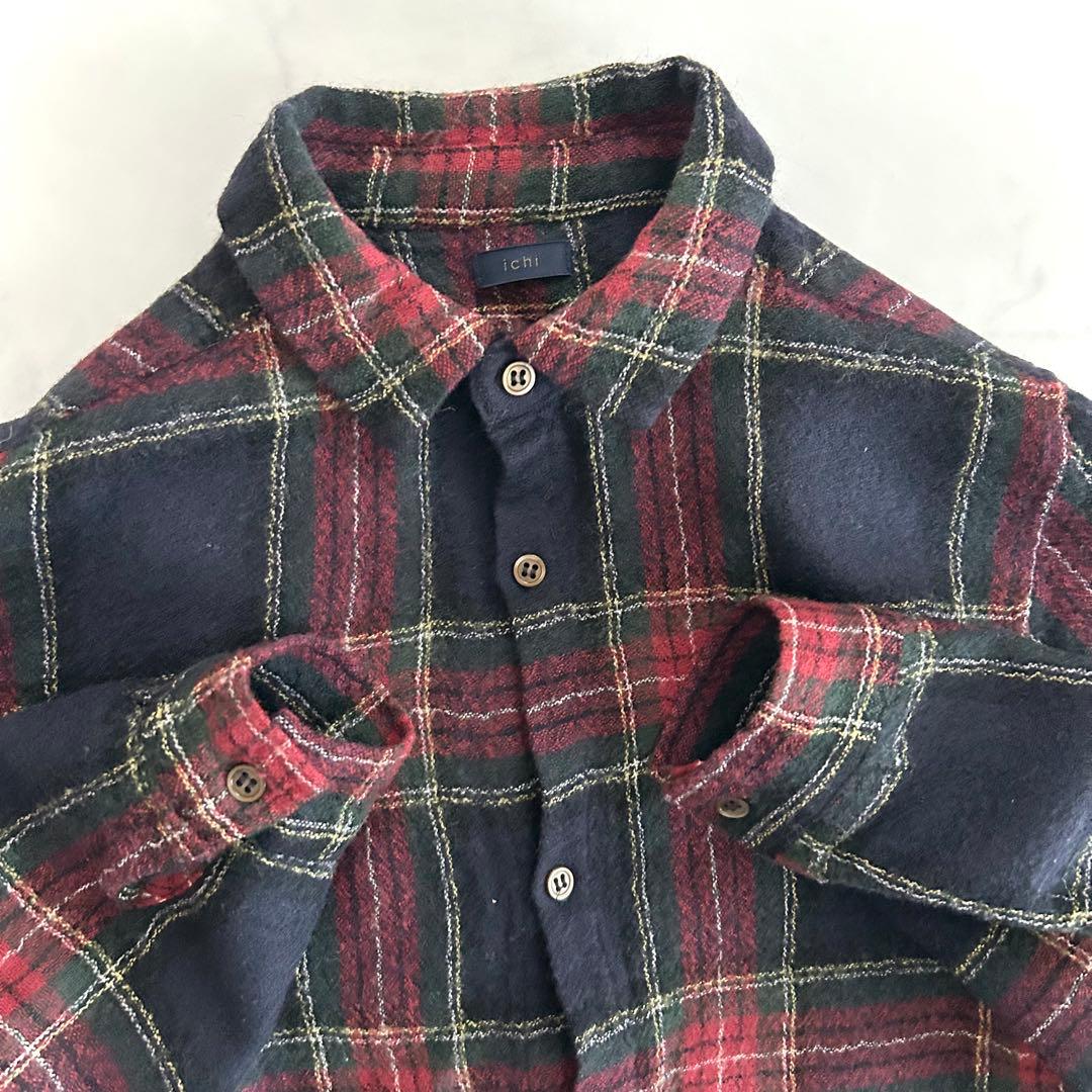 暖か イチ ichi チェックギャザーシャツワンピース ウール 黒 ブラック 毛