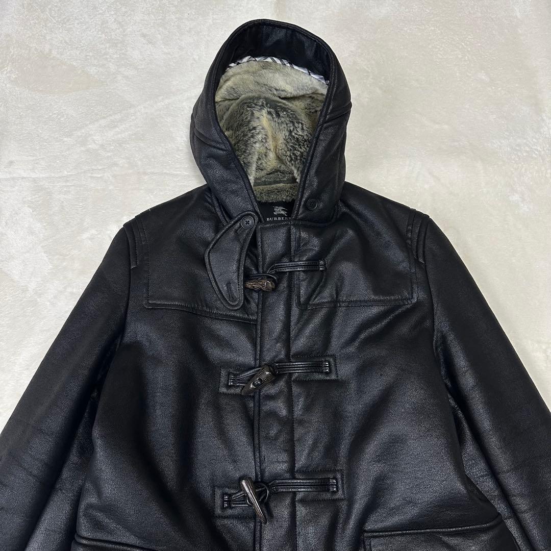 バーバリー ブラックレーベル ダッフルコート エコレザー ファー フーディ 黒