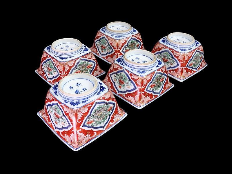 大聖寺伊万里　唐獅子牡丹の図　四方角向付　５客　N1114AS-CZy