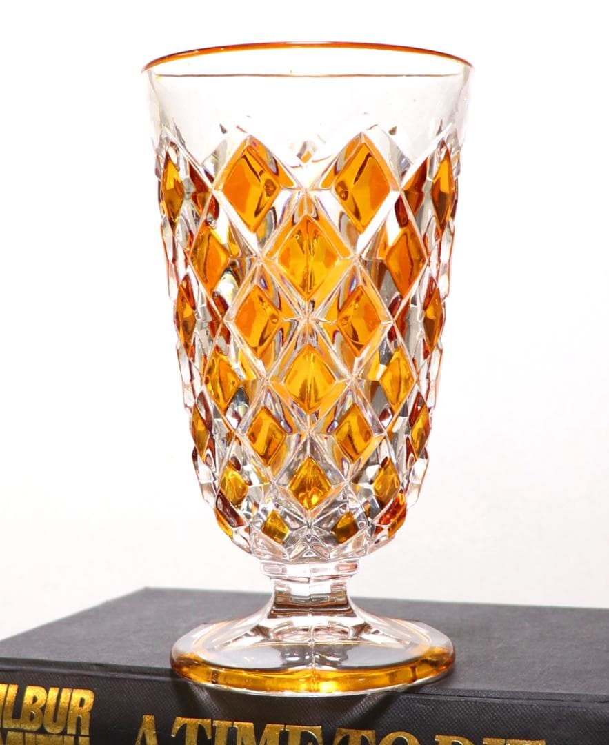 オールド・バカラ 最高級 琥珀色被せ ディアマン・カレ 大型 花瓶 アンバー色