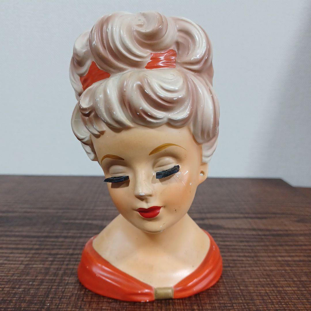 ビンテージ レディヘッドベース 陶器製の置物花瓶　薄紫とオレンジ　2点セット