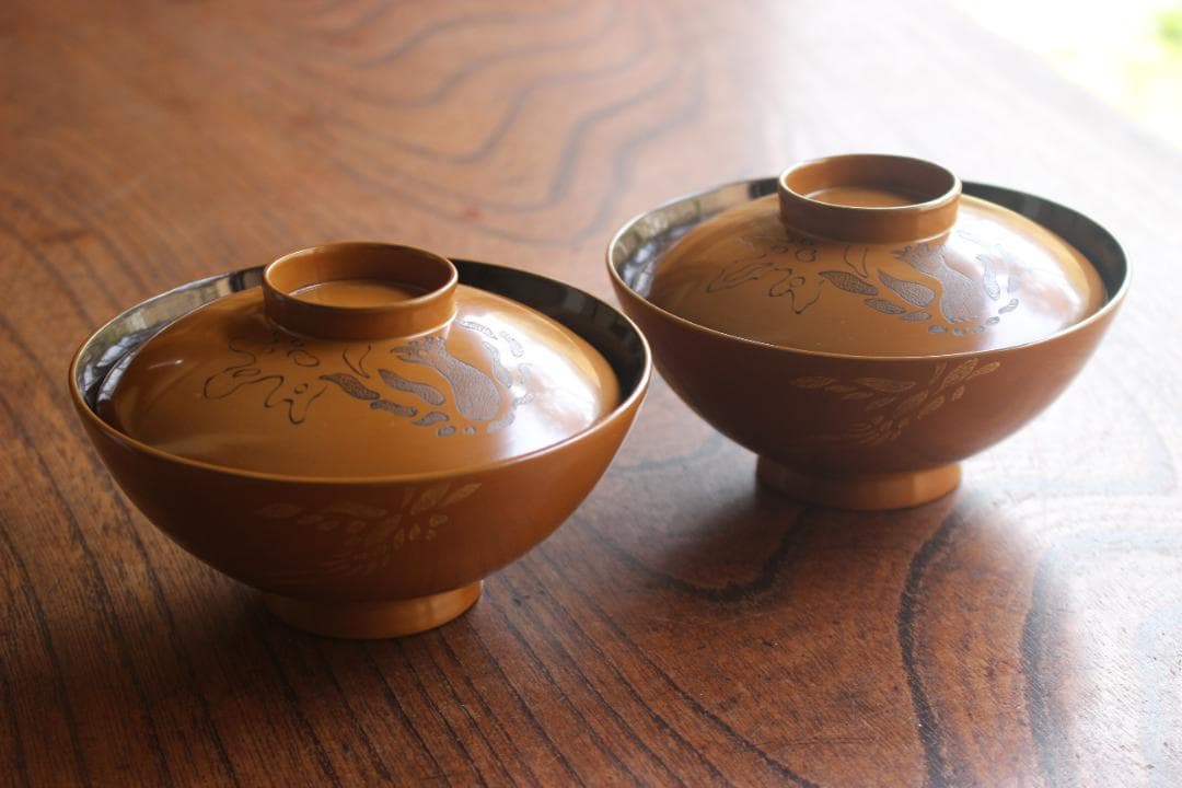 時代黄漆に風情ある沈金沈黒鳳凰文のお椀2点（検輪島塗京塗懐石椀蒔絵椀沈金椀