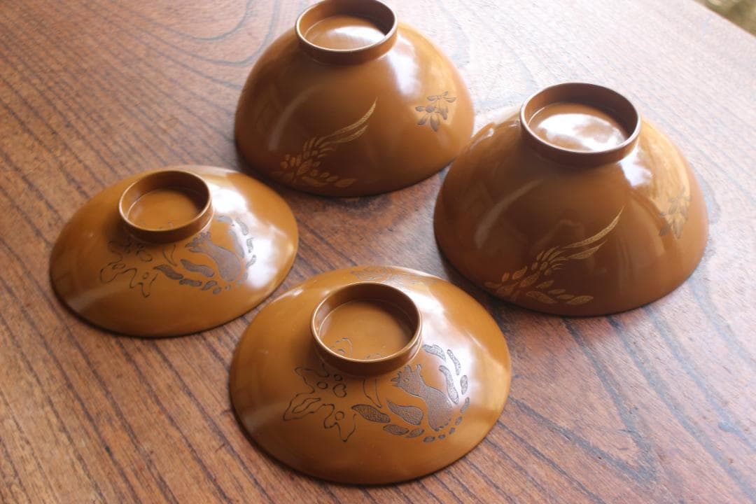 時代黄漆に風情ある沈金沈黒鳳凰文のお椀2点（検輪島塗京塗懐石椀蒔絵椀沈金椀