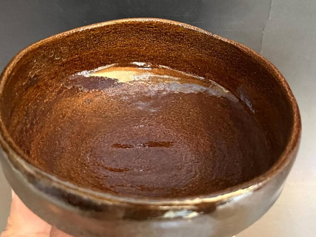 茶碗■大樋焼き【中村長阿弥】馬ダライ型平茶碗 茶釉 桐共箱 お茶道具 骨董品■