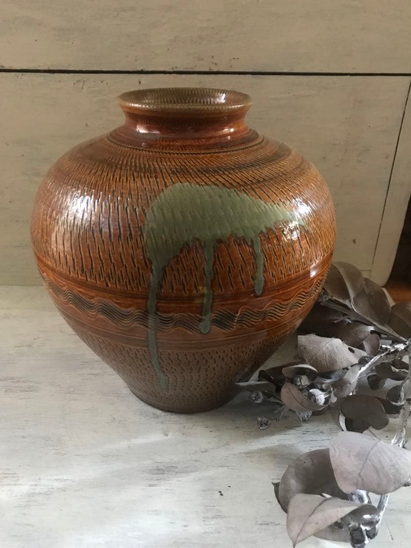 小鹿田焼　壺　花瓶　打ち掛け　飛びかんな