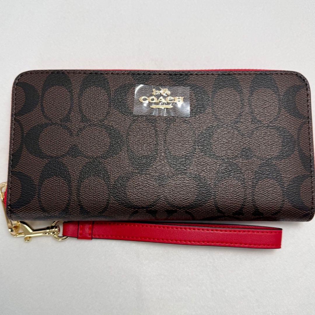 【新品】COACH 長財布 ブラウン/レッド 保存袋付き