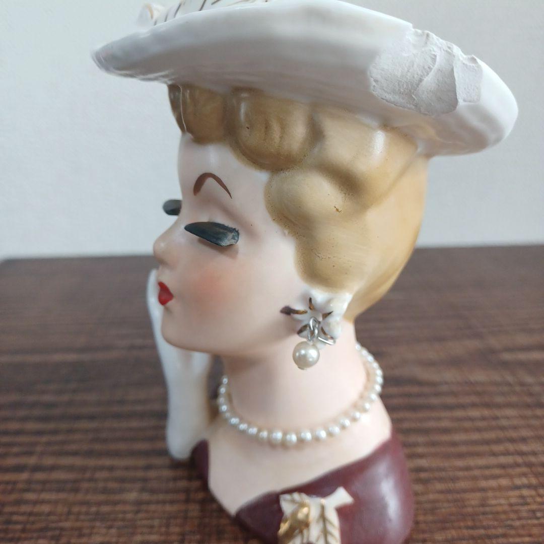 ビンテージ レディヘッドベース 陶器製置物花瓶　右手を頬の添えた美女3点セット