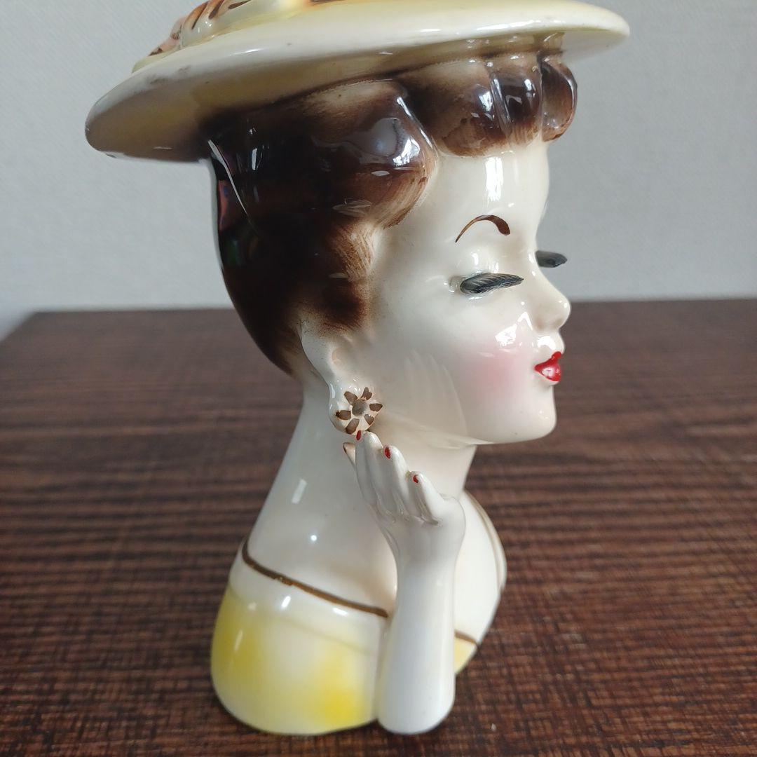 ビンテージ レディヘッドベース 陶器製置物花瓶　右手を頬の添えた美女3点セット