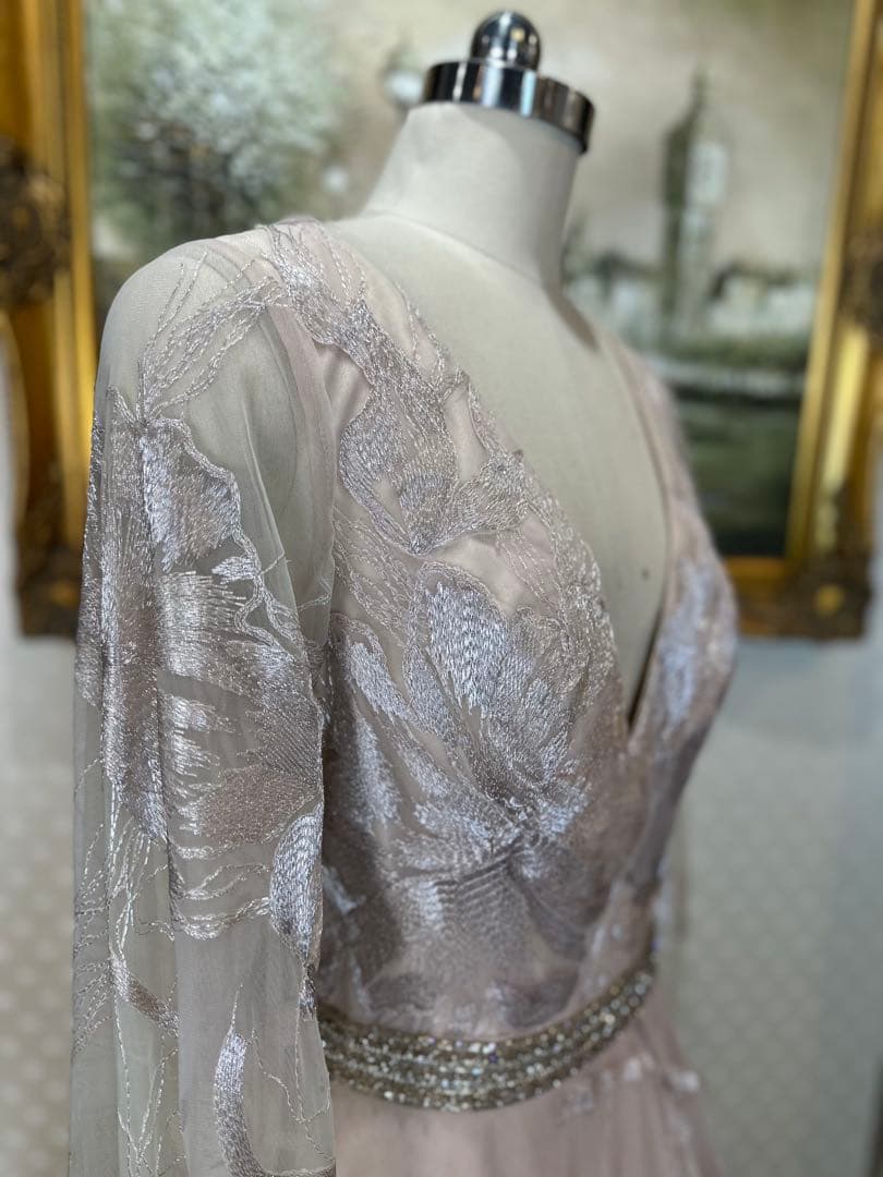 JOVANI☆ベージュピンクVネック 長袖 パーティードレス