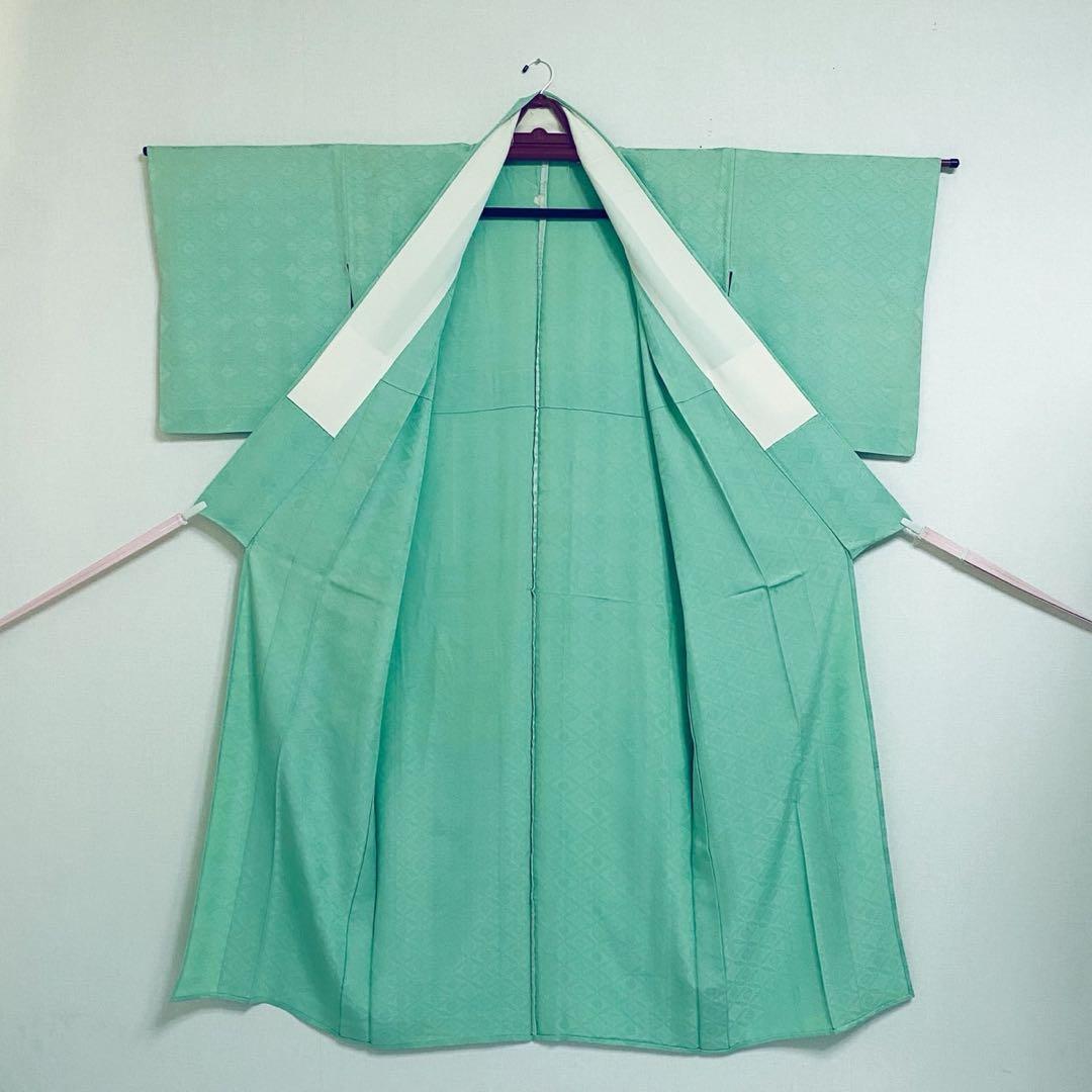 美品　単衣　正絹　紋付　色無地　フルセット　七宝に花菱地紋　西陣唐織袋帯　マ8