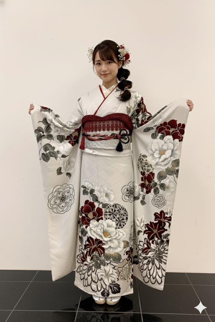 白地　上品な梅と菊の古典振袖フルセット