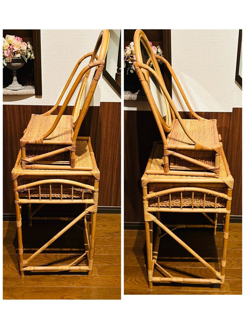 【良品】ラタン ドレッサー スツールセット 鏡台 昭和レトロ