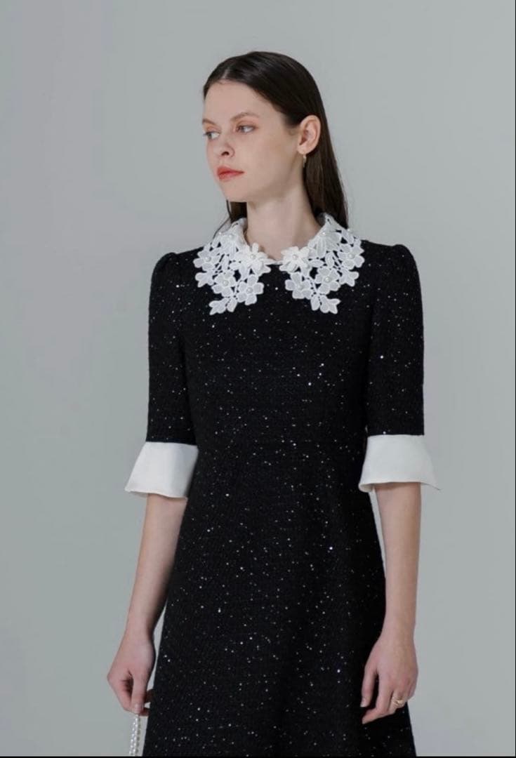 美品✨️Leja 花柄レースカラースパンコール刺繍Aラインフレアドレスワンピース