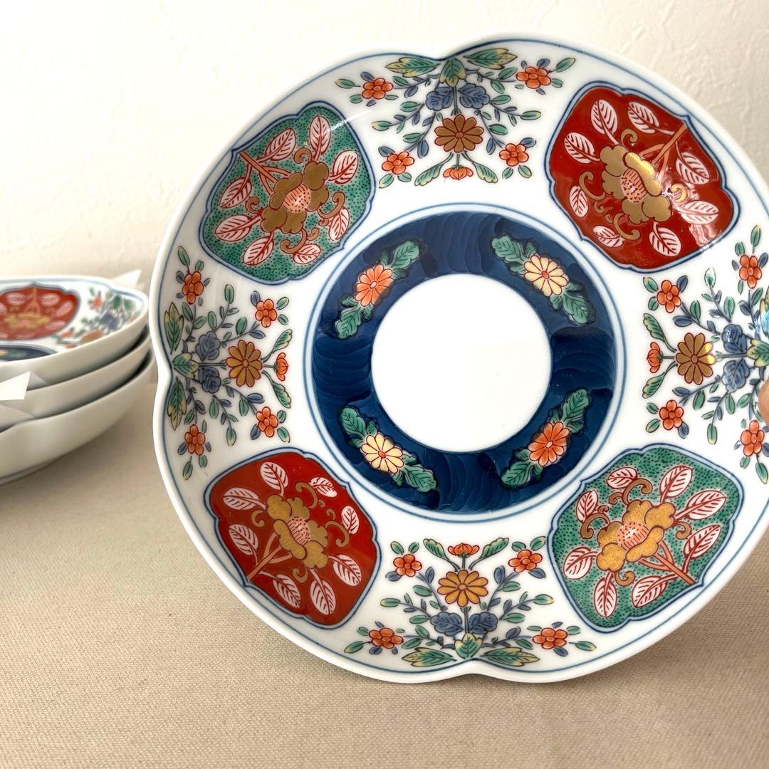 ○M648 ○有田焼 永祥窯 古伊万里　牡丹金彩 輪花皿【5枚】未使用　華やか