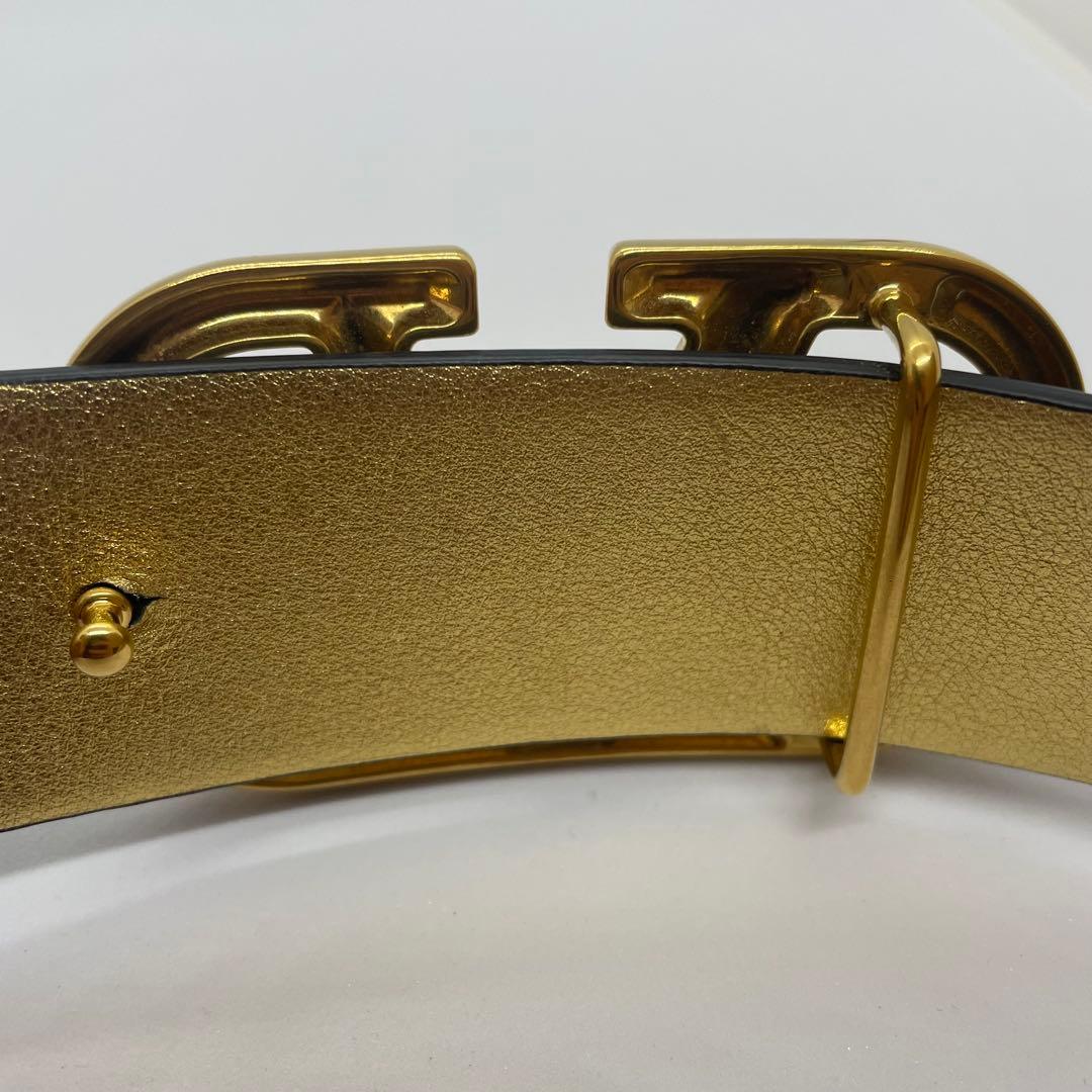 VALENTINO GARAVANI 黒レザー V字型バックル ベルト ゴールド