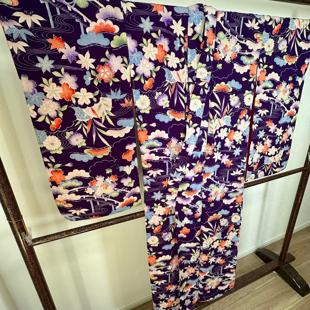 超美品　袷　絹　着物　アンティーク　小紋　145 紫　薄紫　ちりめん　レトロ