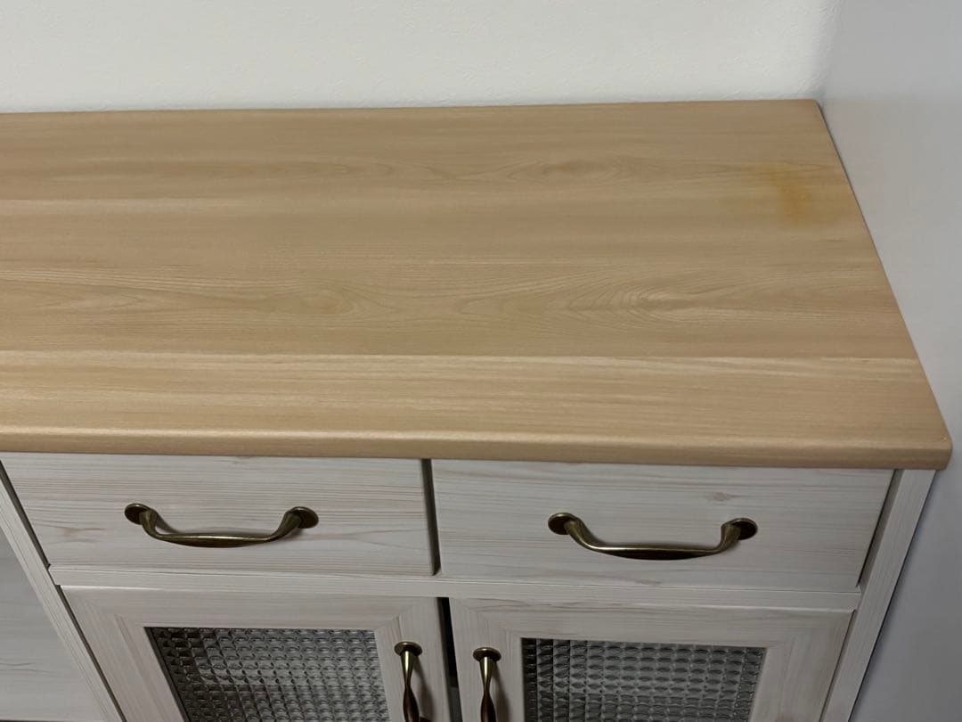 キッチンカウンター／かわいい食器棚　120cm／ベージュホワイト×ライトウッド調