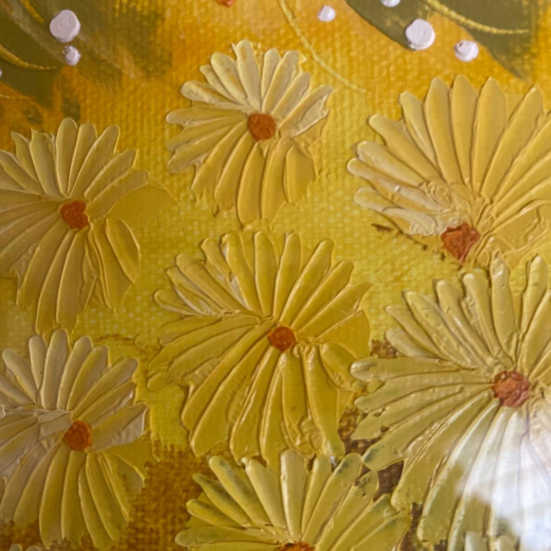 金寅化（キム・インファ）油彩 蓮 絵画 額縁 黄色の菊の油彩画 フレーム付き
