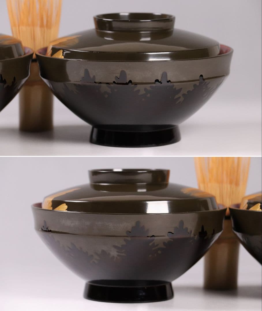 CL14 時代木製漆器 森に鳥 金蒔絵 吸物椀 二客 黒塗 朱塗 闇絵