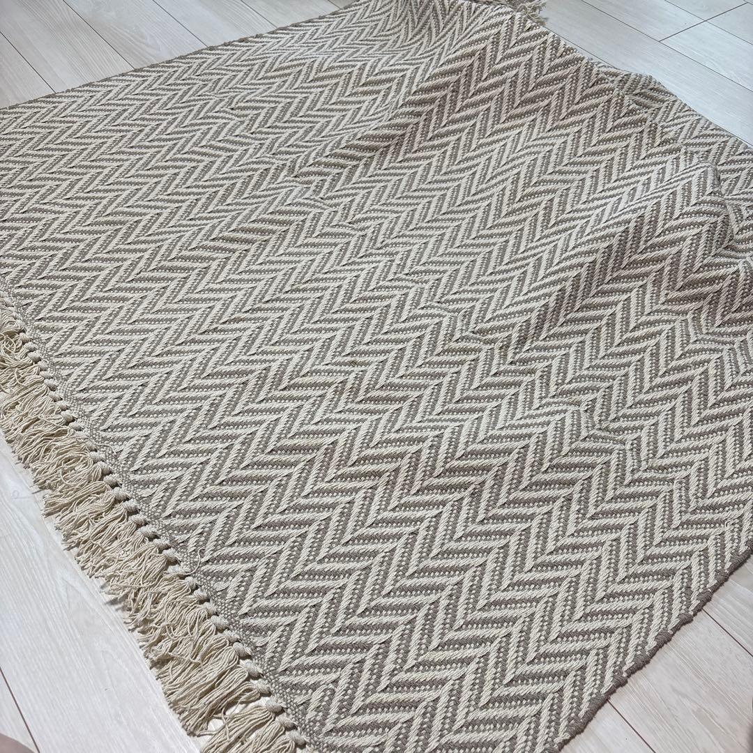 ラグマット　130×190 インド綿　ベージュ×アイボリー