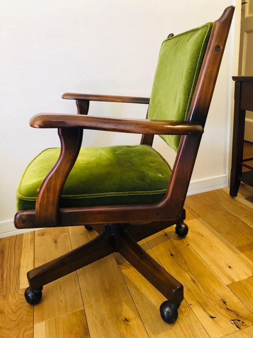 カリモク　ビンテージ　アンティーク　グリーンベルベット回転式デスクチェア