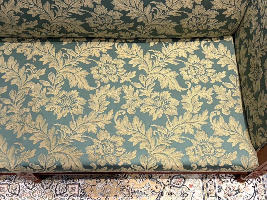 ②クラシック 3人掛けソファ 3Pソファ 花柄 グリーン ビンテージ nY