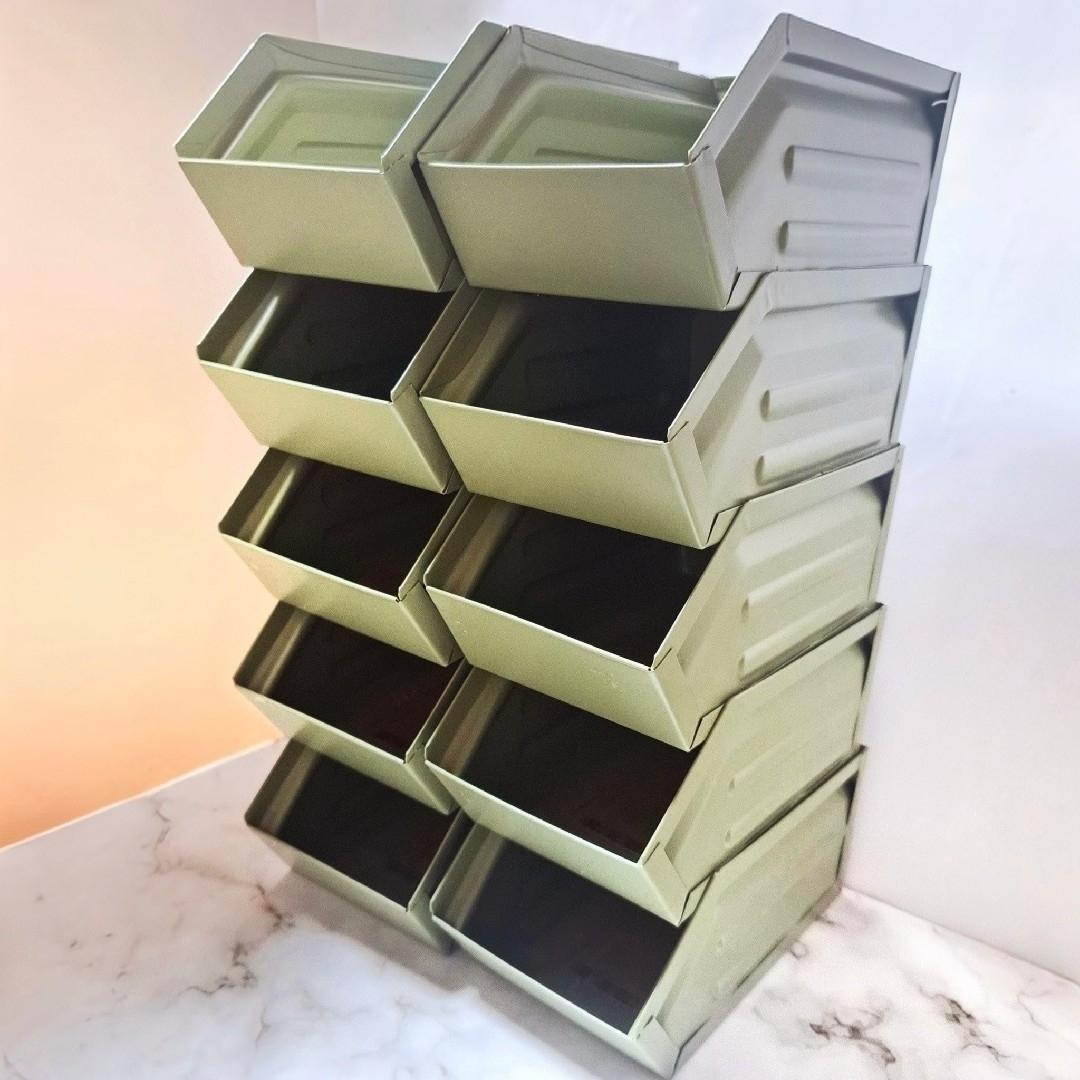 【 カーキ 10個セット 】 ブリキ調 スタッキング 収納 コンテナ ボックス