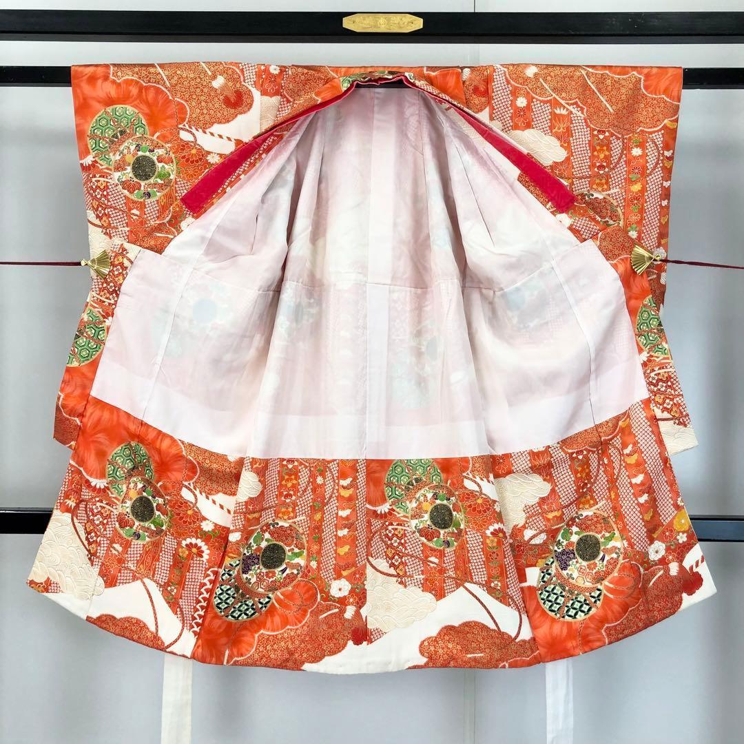 子供着物 七五三 3歳 鼓 花模様 赤橙色 CK-7380